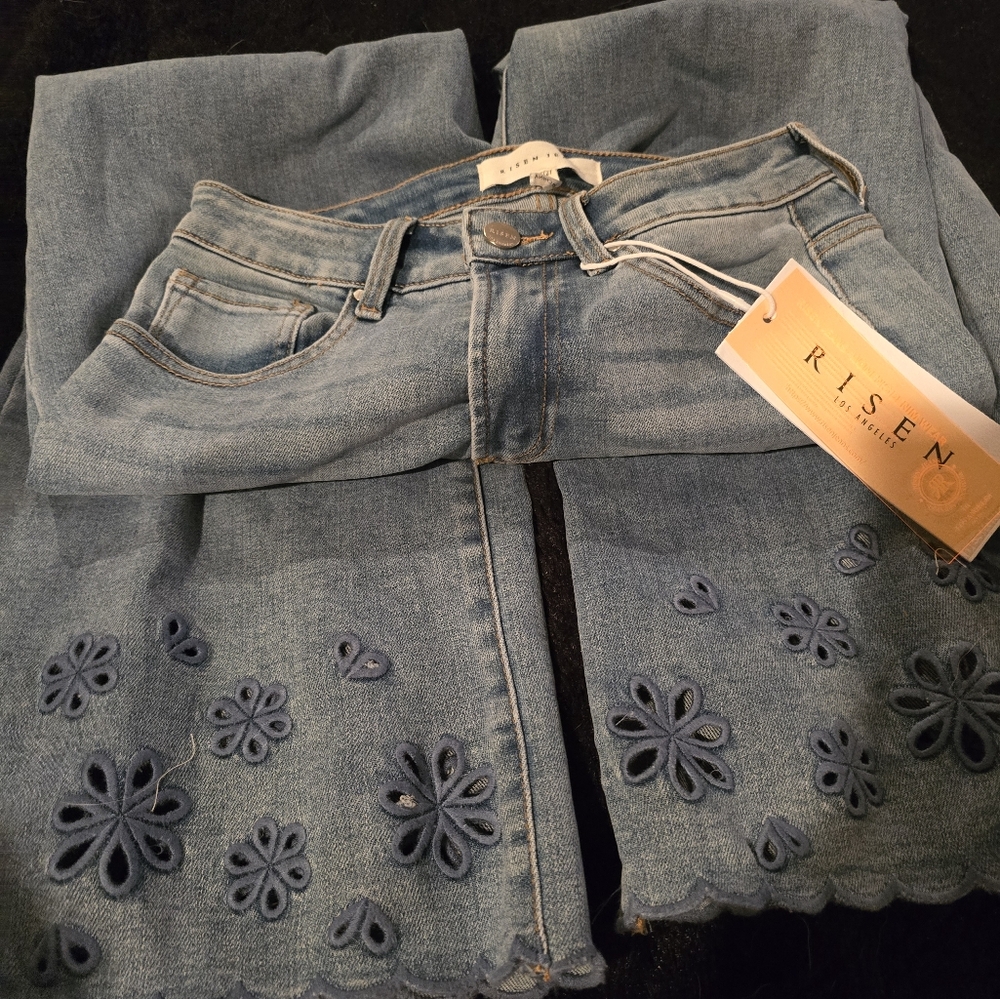 Blue Flare Wide Leg Jeans with Floral Pattern